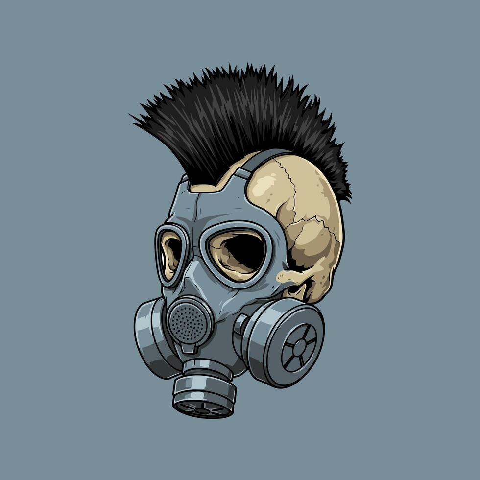 A stylized illustration depicts a skull with a mohawk wearing a gas mask, conveying a punk rock and dystopian aesthetic. vector