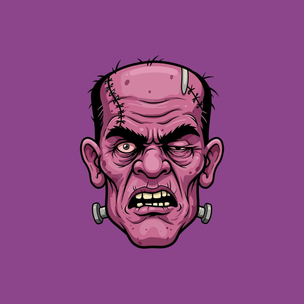 A cartoon illustration depicts an angry Frankenstein monster head with stitches and bolts, set against a purple background. vector
