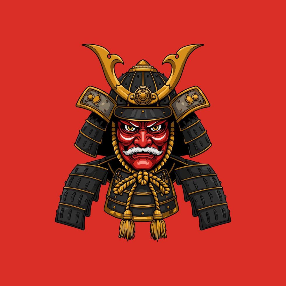 A detailed illustration depicts a fierce samurai warrior wearing a traditional helmet and menacing red oni mask. vector