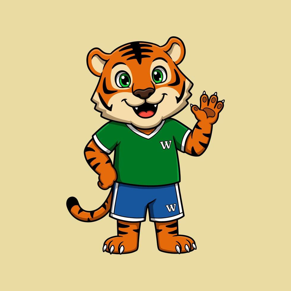 A cheerful cartoon tiger wearing a green shirt and blue shorts waves hello while sporting a team logo. vector