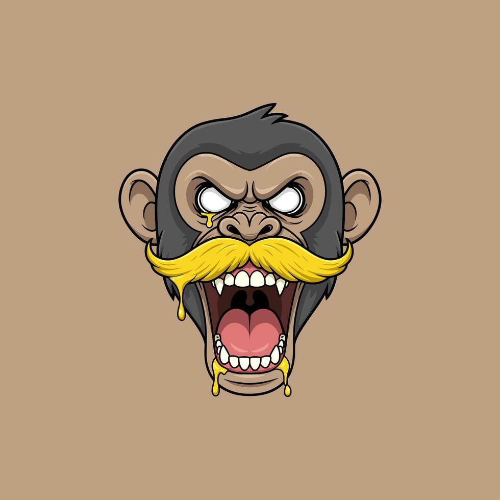 A cartoon illustration of an angry chimpanzee head with a dripping yellow mustache, roaring with its mouth wide open. vector