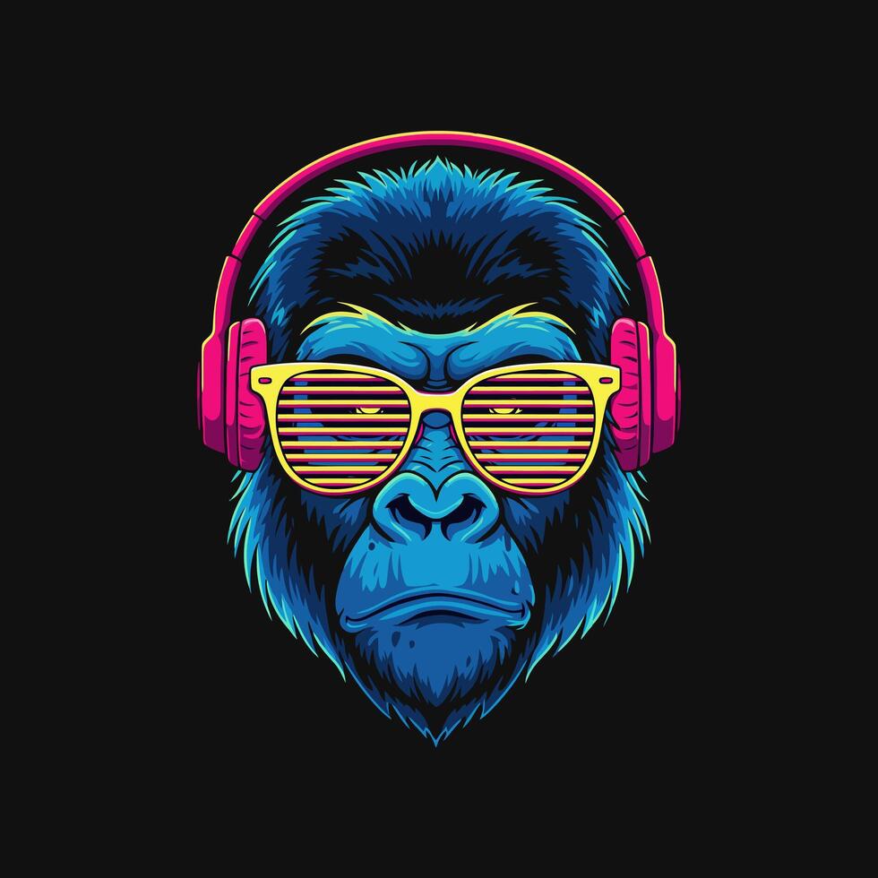 A stylized illustration of a cool gorilla wearing headphones and shutter shades. vector