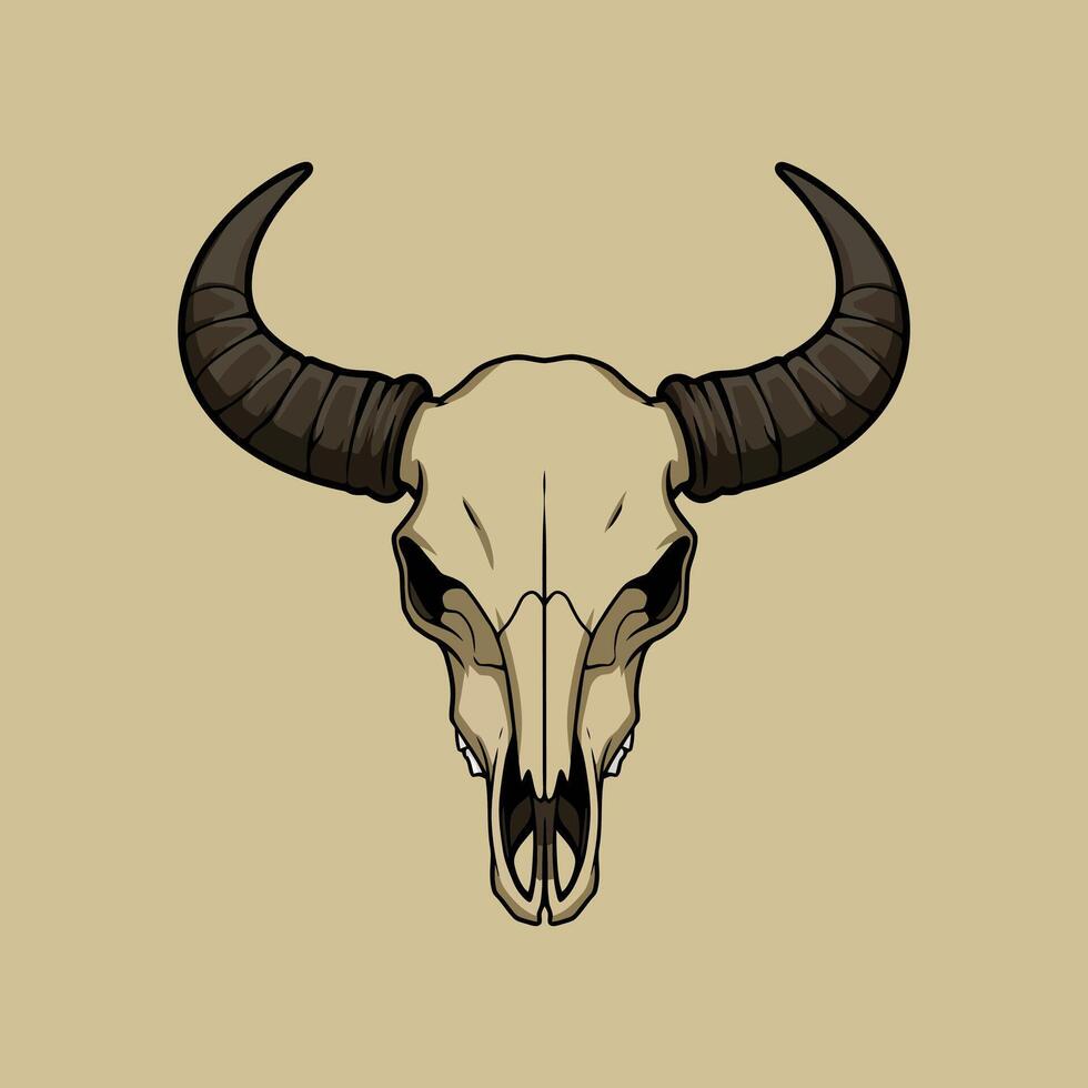 A stylized illustration depicts a bison skull featuring prominent, curved horns against a neutral background. vector