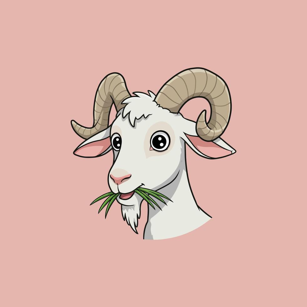 A cartoon illustration of a cute white goat with large horns eating grass against a light pink background. vector