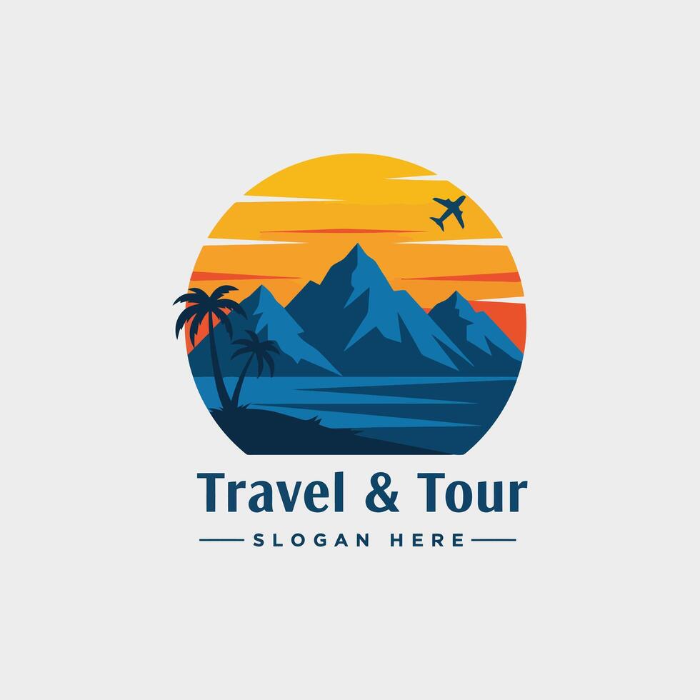 A stylized logo depicts a scenic travel destination with mountains a sunset palm trees and an airplane suggesting adventure and exploration. vector