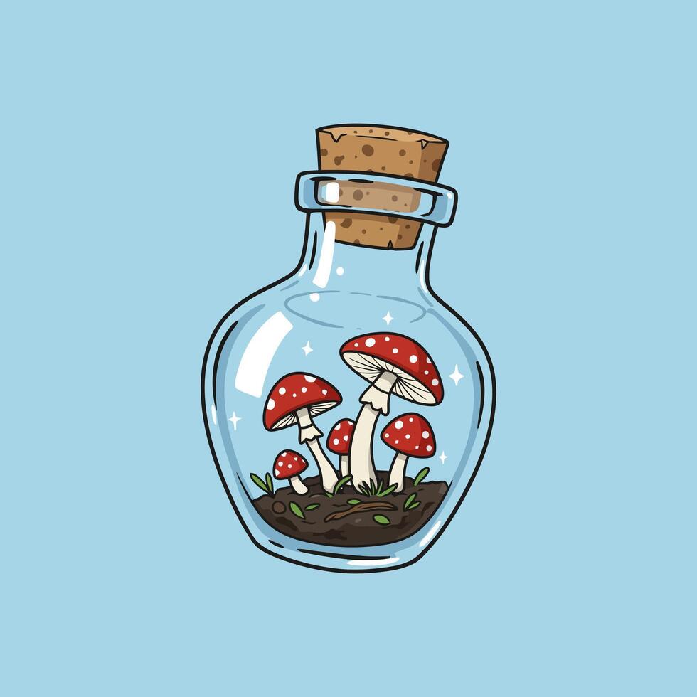 A whimsical illustration depicts a glass bottle containing several small red and white dotted mushrooms in soil. vector