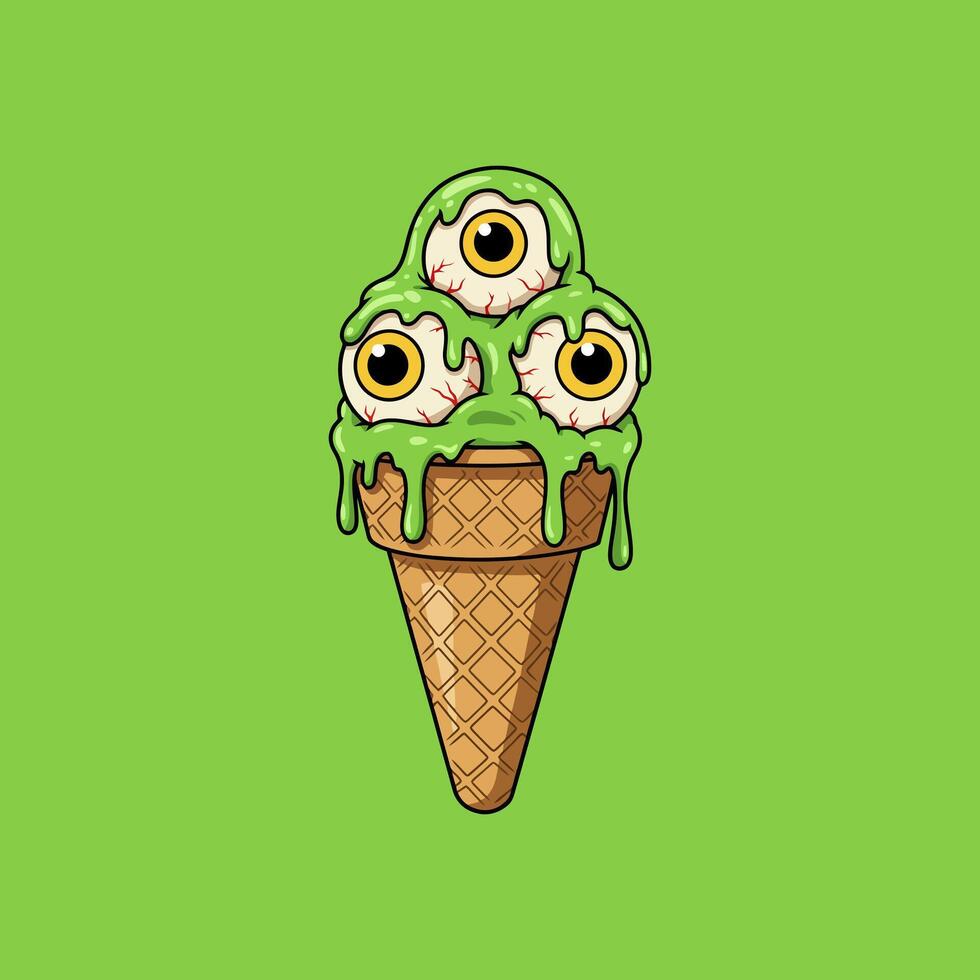 A cartoon illustration depicts a melting ice cream cone topped with three gooey eyeballs as a Halloween treat. vector