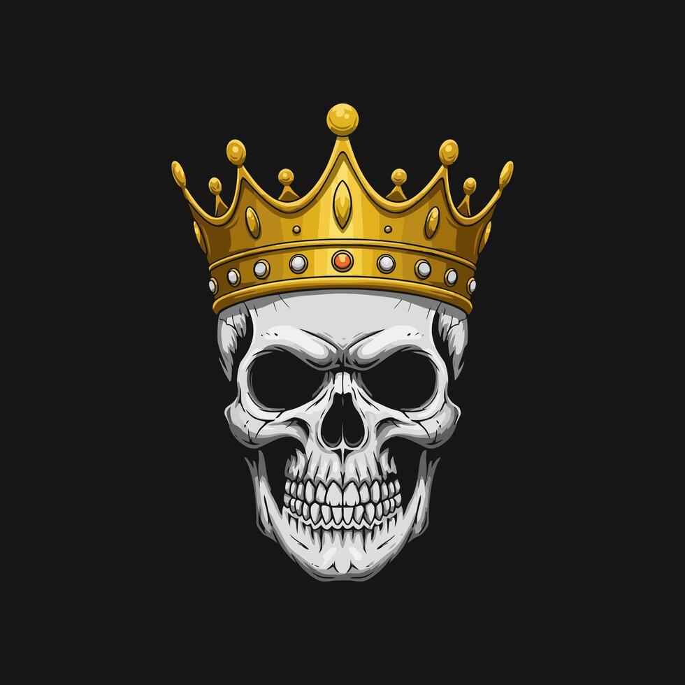A detailed illustration depicts a human skull adorned with a golden crown symbolizing death and royalty. vector