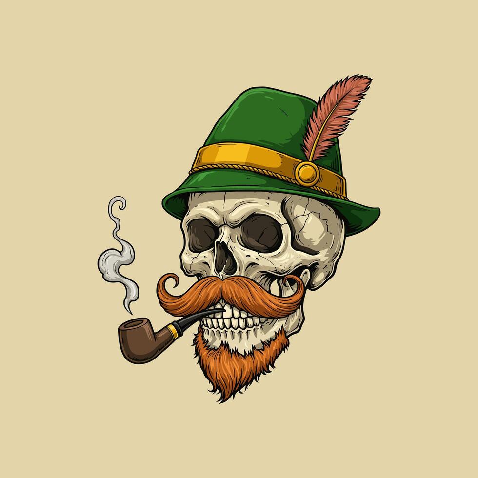 A stylized skull illustration wearing a green hat and sporting a handlebar mustache and beard while smoking a pipe. vector