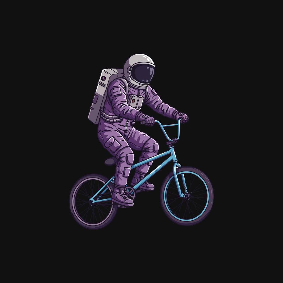 An illustration depicts an astronaut in a purple suit riding a blue BMX bike against a black background, suggesting a space setting. vector