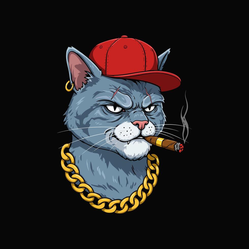 A stylized illustration of a tough grey cat wearing a red cap, gold chain, and smoking a cigar. vector