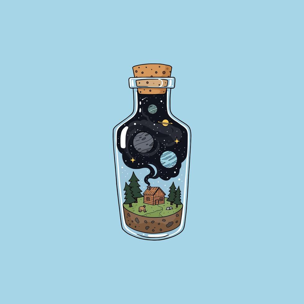 A whimsical illustration depicts a glass bottle containing a miniature landscape with a cabin, forest, and a representation of space. vector