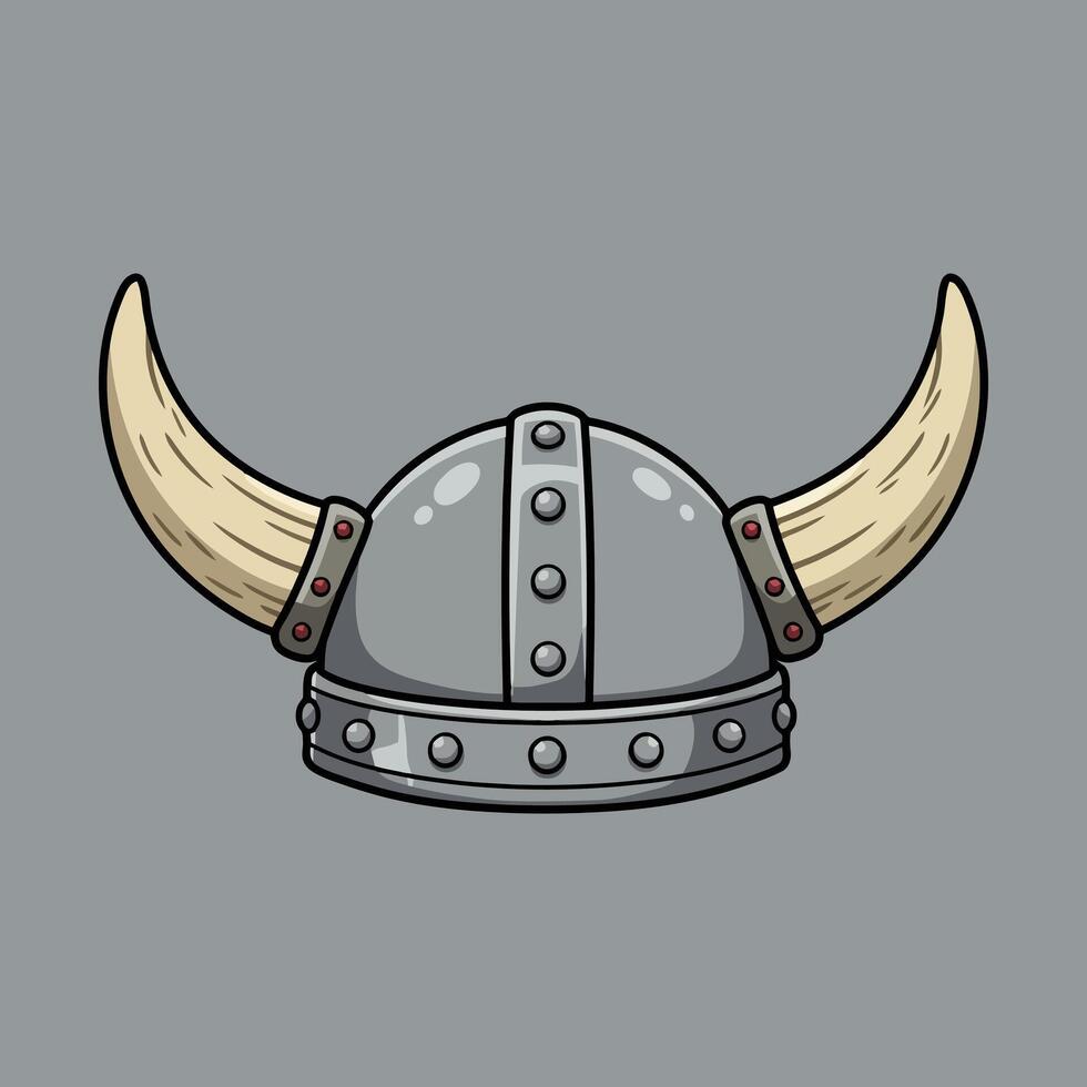 The image shows a cartoon drawing of a classic horned Viking helmet, depicted in shades of grey and beige. vector