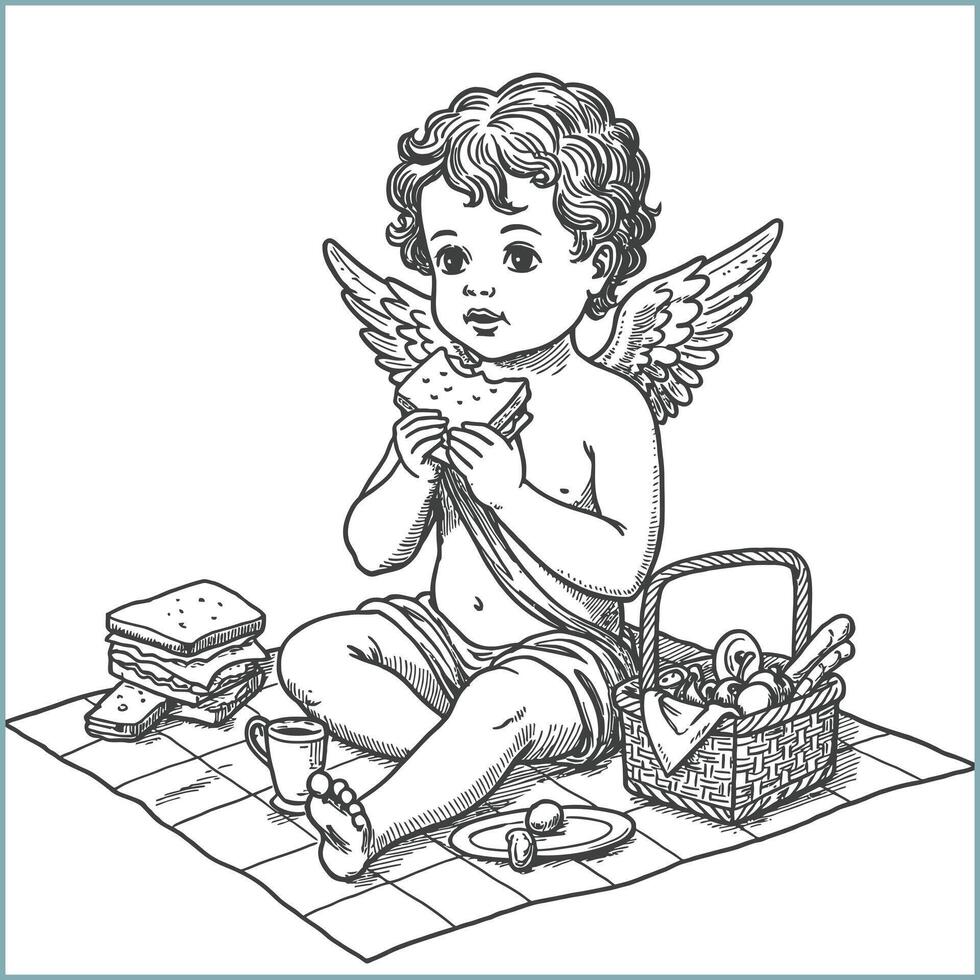 A winged cherubic figure sits on a picnic blanket, happily eating a sandwich surrounded by a basket of food and a drink. vector
