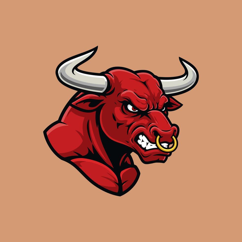 A fierce red bull head mascot design illustration with prominent horns and a gold nose ring. vector