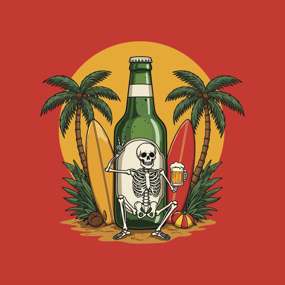 A whimsical illustration depicts a skeleton relaxing on a beach, leaning against a large beer bottle, holding a beer, and surrounded by surfboards and palm trees. vector