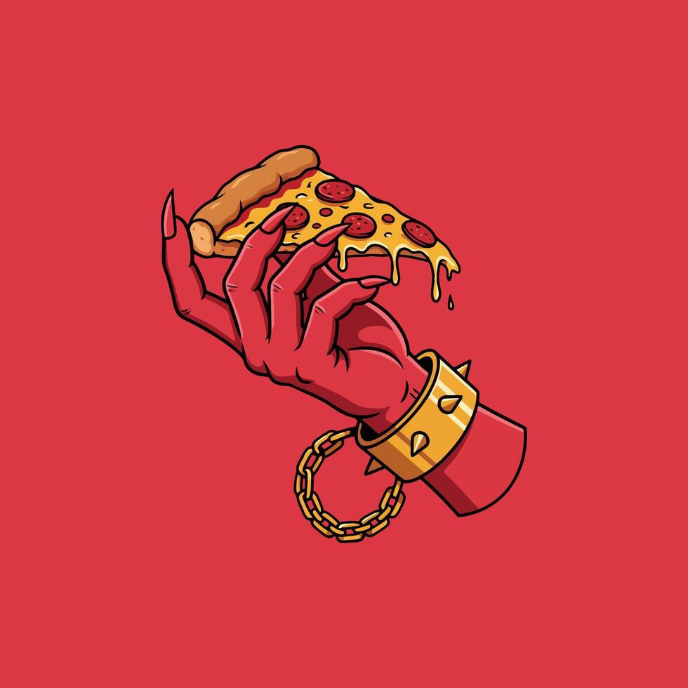 A stylized illustration depicts a red demonic hand with long nails holding a melting slice of pepperoni pizza while wearing a gold spiked bracelet and chain. vector