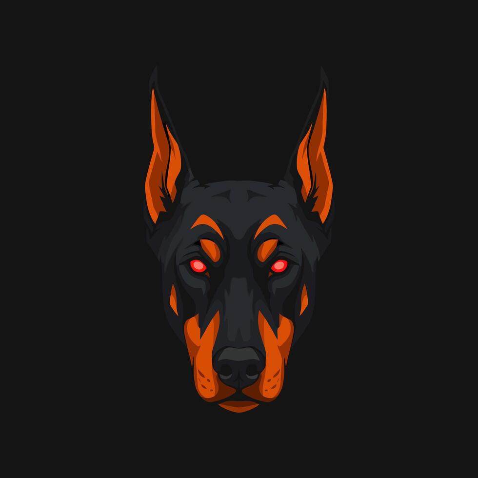 A stylized illustration depicts a Doberman Pinschers head with glowing red eyes against a dark background. vector