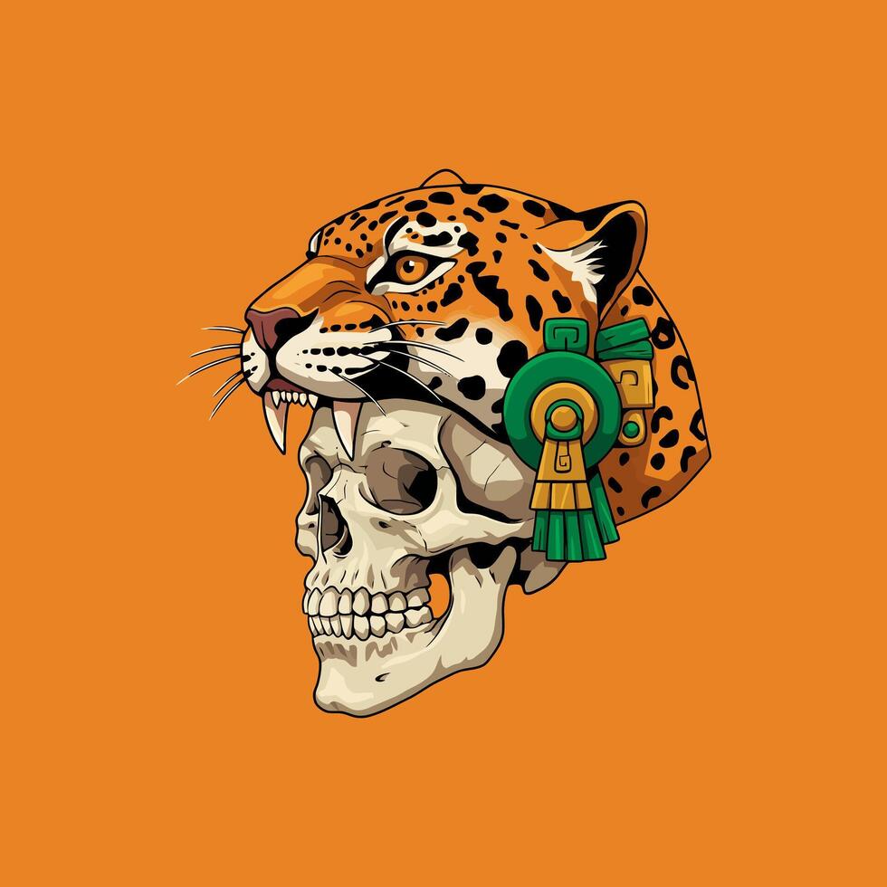 An illustration depicting a human skull adorned with a jaguar mask and Aztec-inspired ornaments. vector