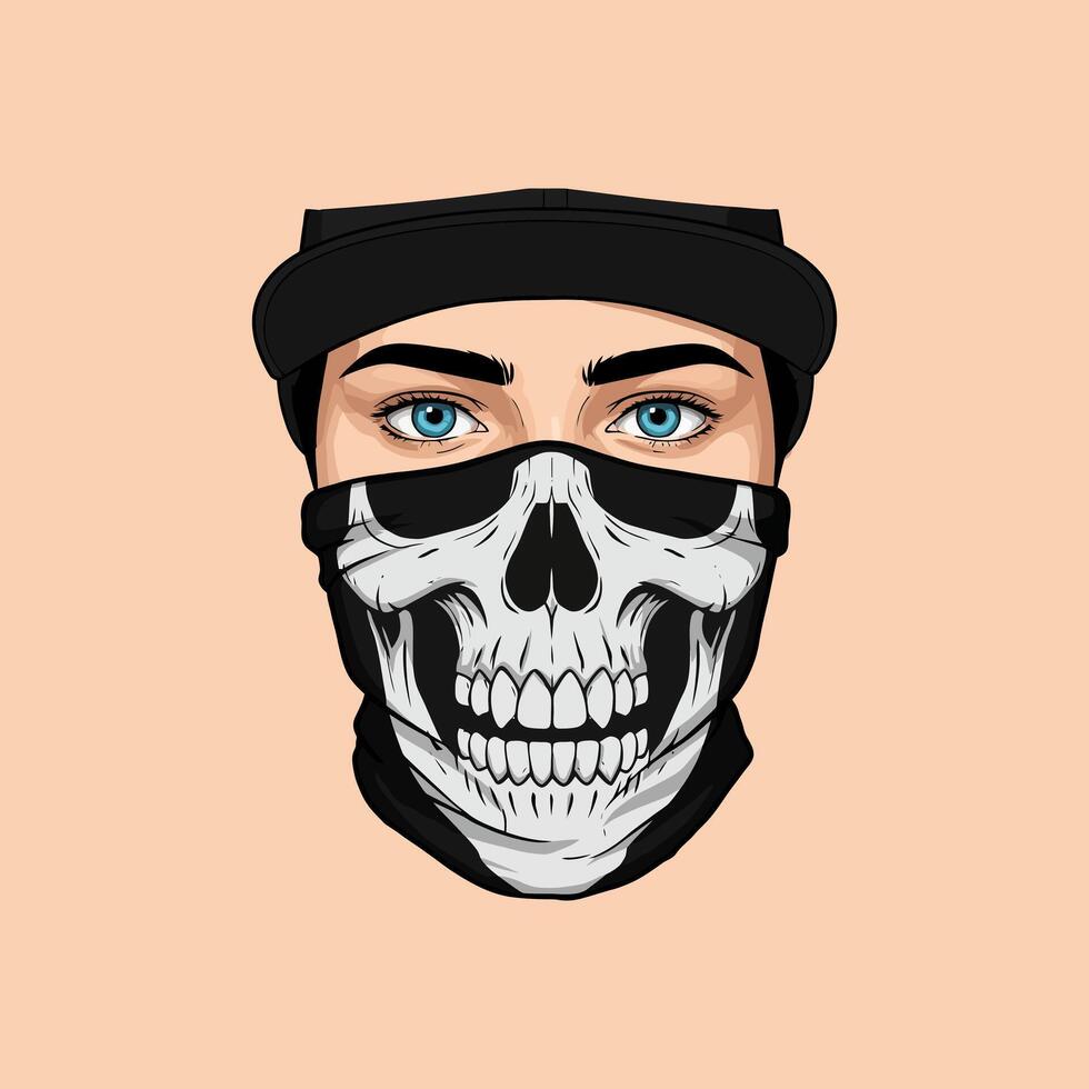A stylized illustration of a woman's face wearing a black cap and a skull-printed face mask. vector