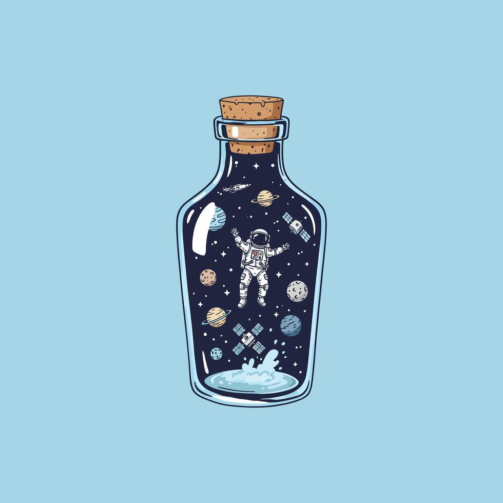 A whimsical illustration depicts an astronaut floating in a glass bottle containing a miniature space scene complete with planets and a satellite. vector