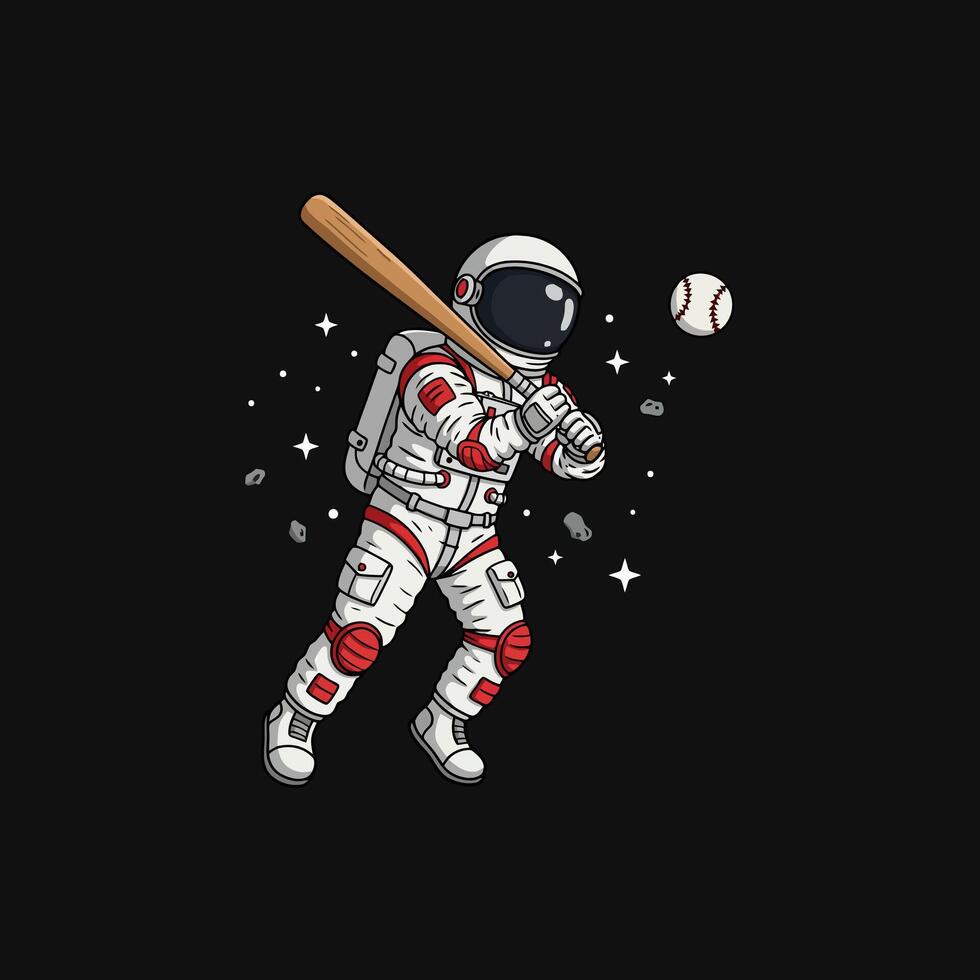 An astronaut in a spacesuit swings a bat at a baseball in the vast expanse of space. vector