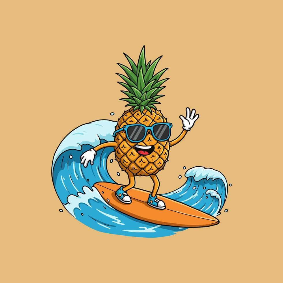 A cartoon pineapple character surfs on an orange surfboard amidst blue ocean waves while wearing sunglasses. vector