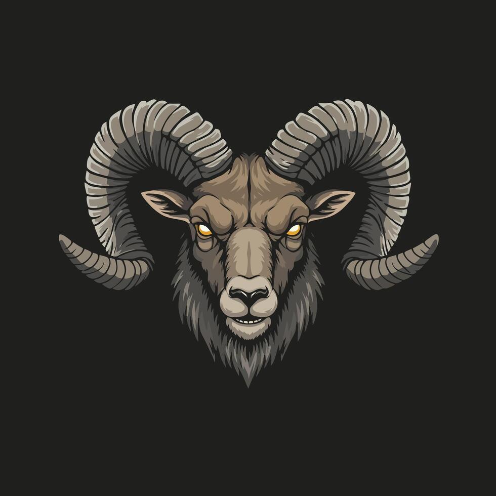 A stylized illustration depicts a rams head with large curving horns against a dark background the ram has an intense and powerful expression. vector