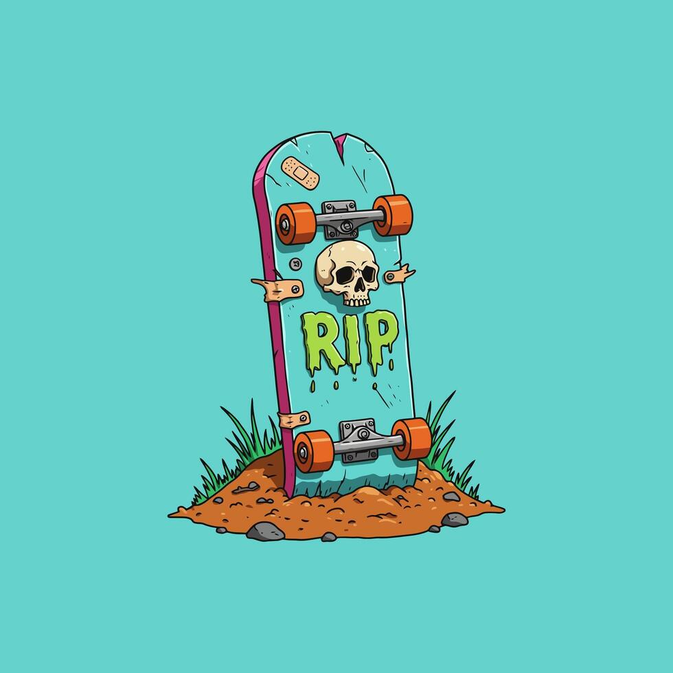 The illustration depicts a damaged skateboard functioning as a tombstone in a cartoon style. vector