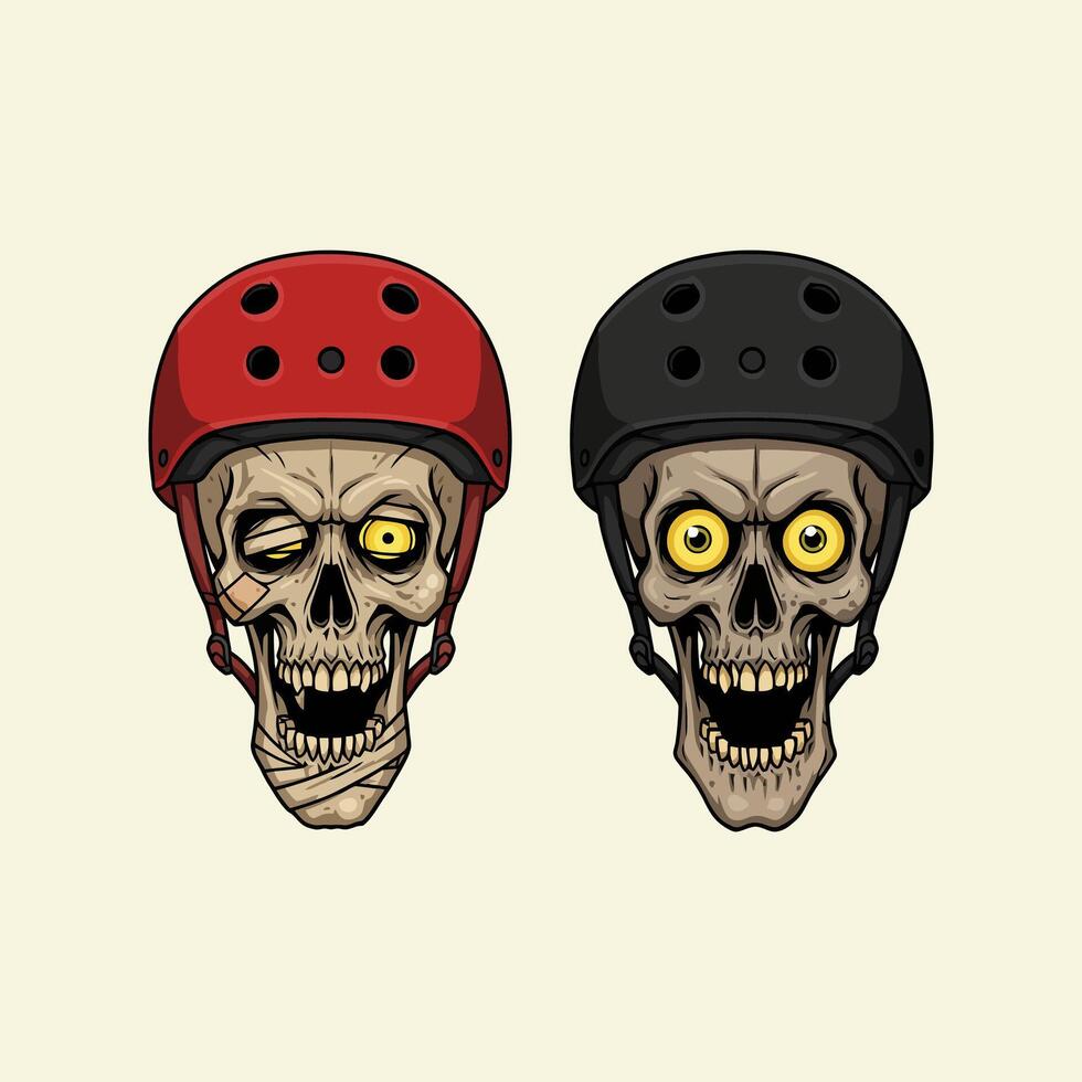A pair of cartoon skulls wearing red and black helmets are shown grinning with yellow eyes. vector