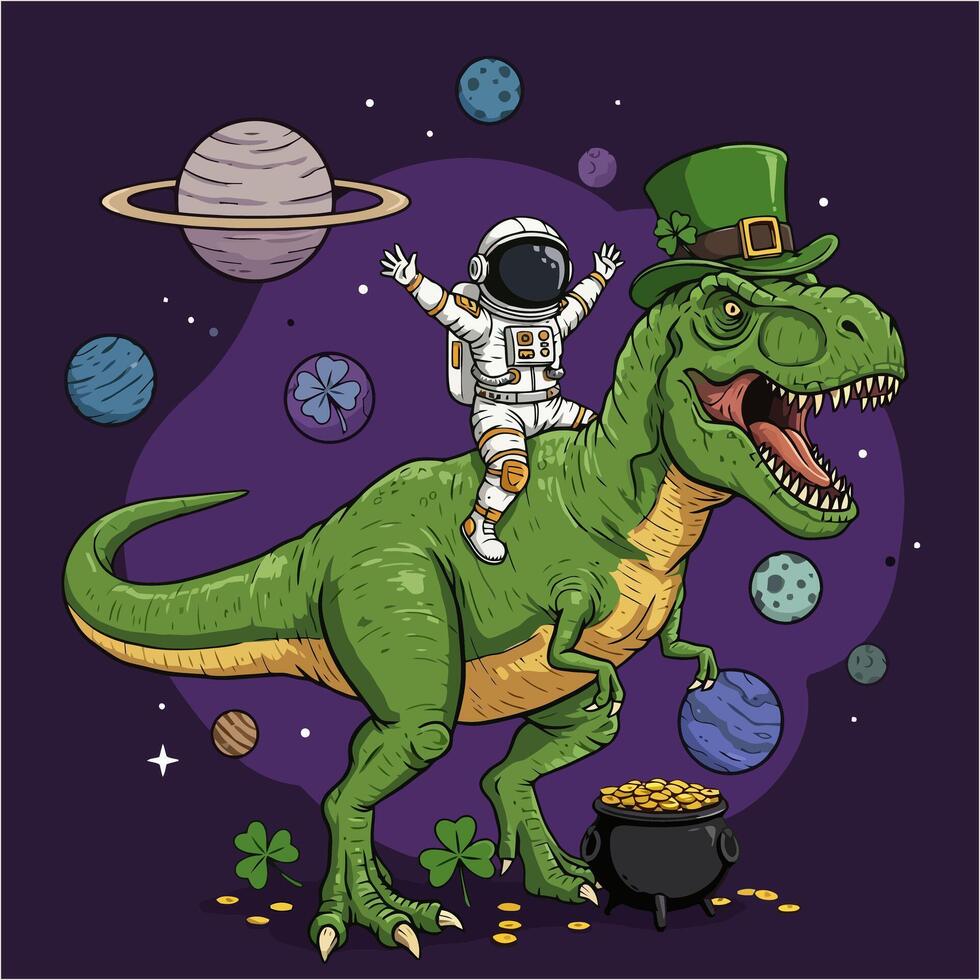 An astronaut joyfully rides a leprechaun-hatted T-Rex through space, surrounded by planets and a pot of gold. vector