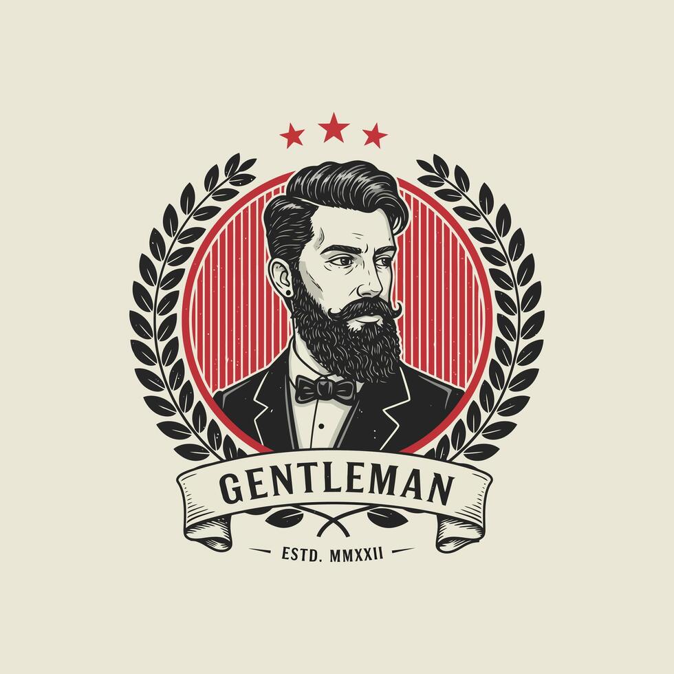 The image is a vintage-style logo featuring a stylishly groomed gentleman with a beard and mustache, framed by a laurel wreath. vector