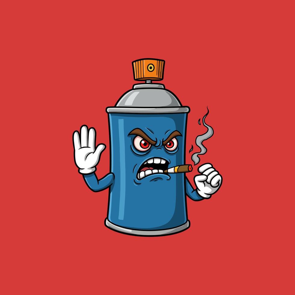 An angry cartoon spray paint can character with arms, smoking a cigar and making a stop gesture. vector