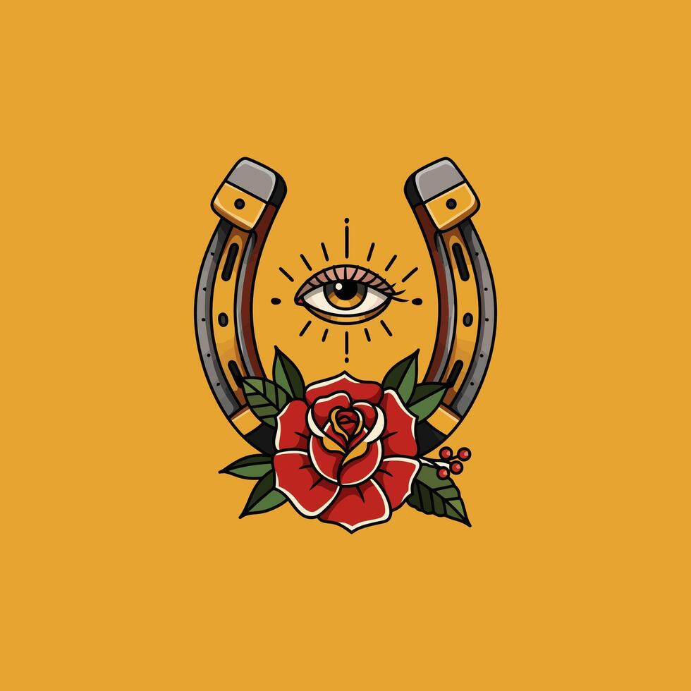 A stylized illustration of a horseshoe with an all-seeing eye and a red rose, designed in a vintage tattoo style. vector