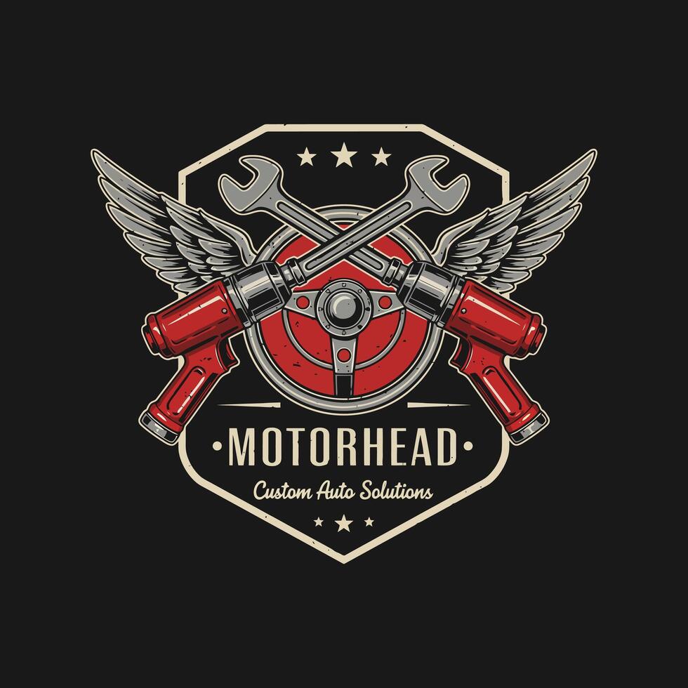 A vintage style logo for a custom auto solutions company showcasing crossed wrenches with wings and a steering wheel. vector