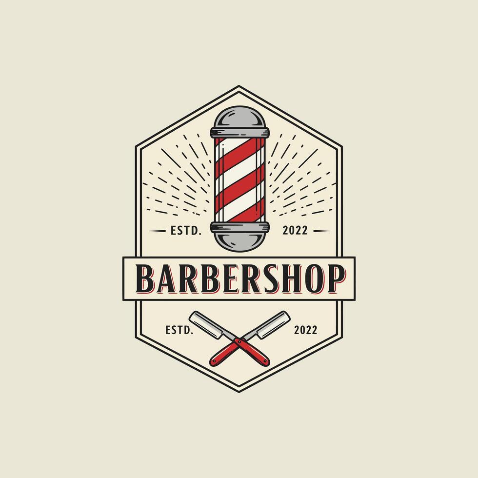 A vintage-style barbershop logo featuring a classic barber pole and crossed razors within a hexagonal frame. vector