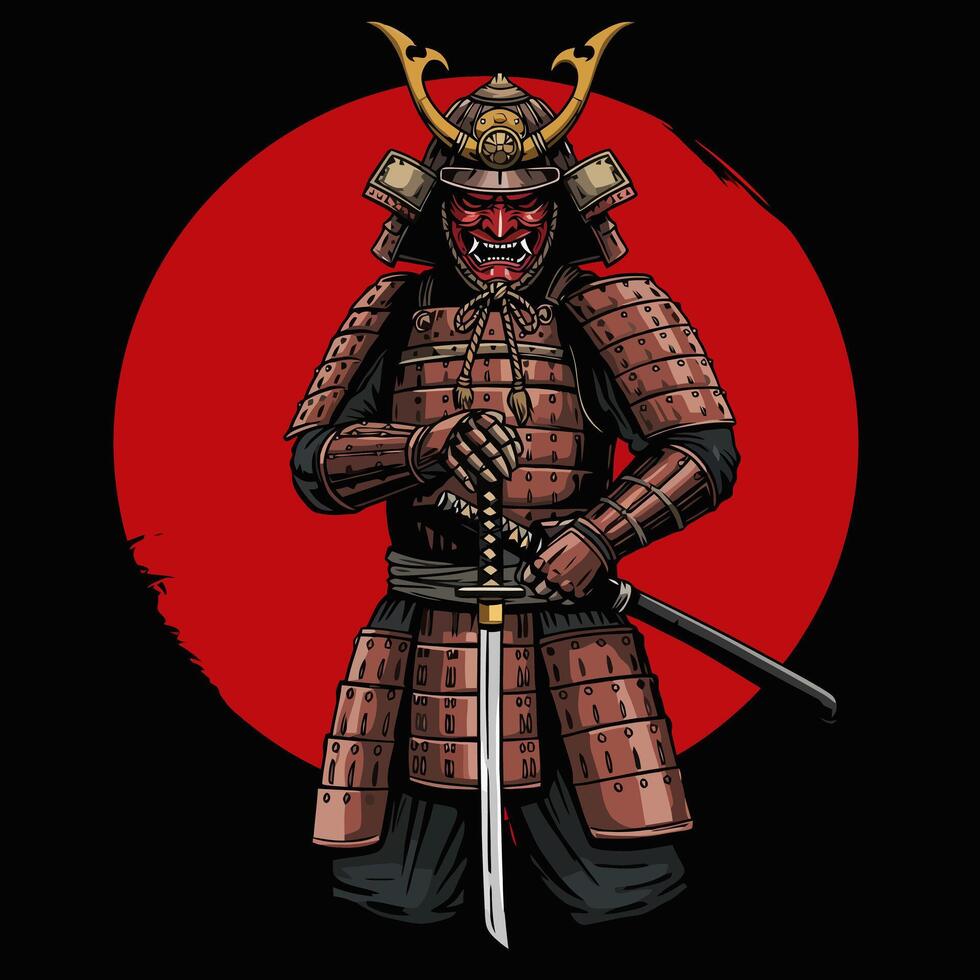 The image depicts a fearsome samurai in traditional armor, holding a katana against a red sun backdrop. vector