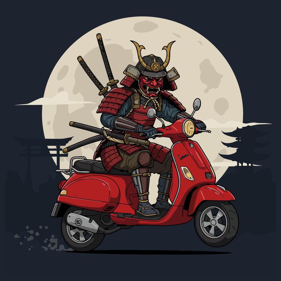 A fierce samurai in full armor rides a red Vespa-style scooter under a large full moon. vector