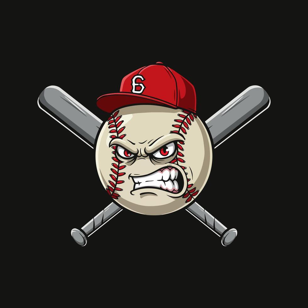 An illustration of an angry baseball with a red cap and crossed bats behind it. vector