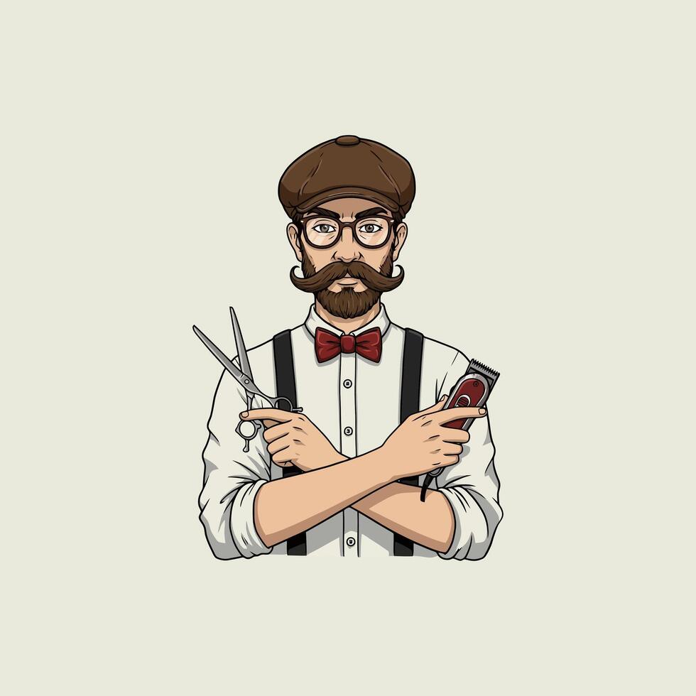 The image shows a stylish barber holding scissors and a trimmer, showcasing a classic and retro look. vector