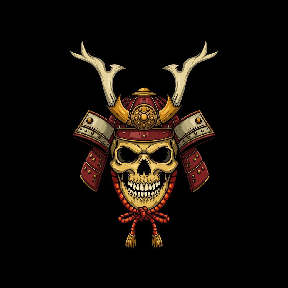 A stylized illustration depicting a skull wearing a traditional samurai helmet with horns and a red cord. vector