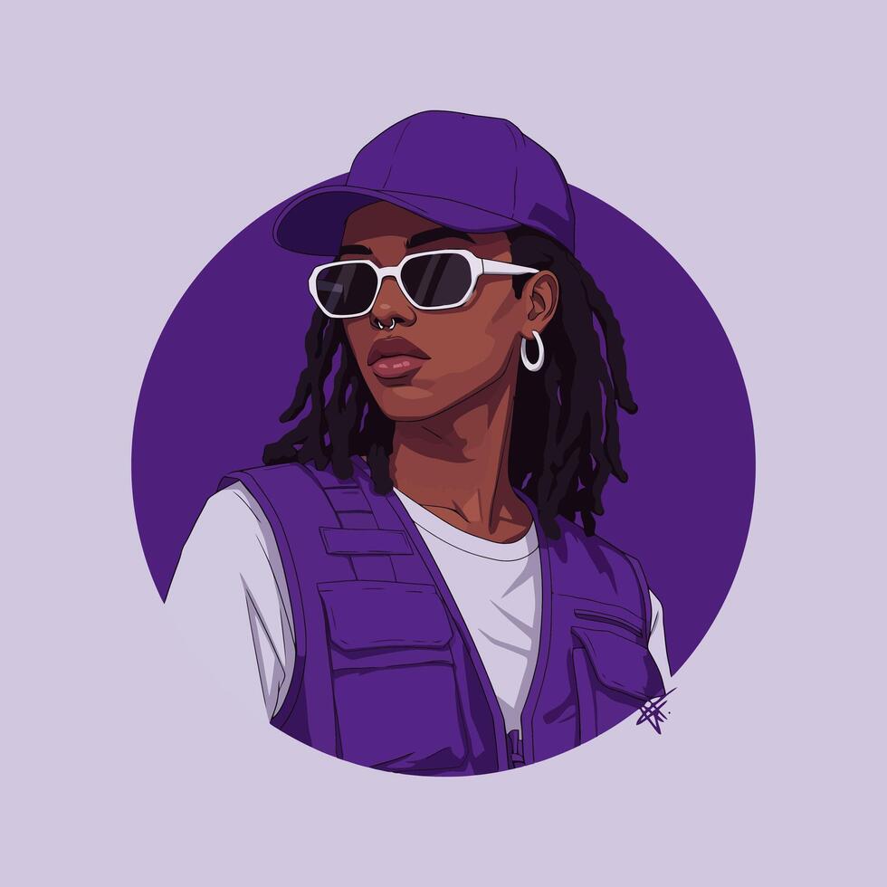 A stylized illustration of a young woman with dreadlocks wearing a purple outfit and sunglasses. vector