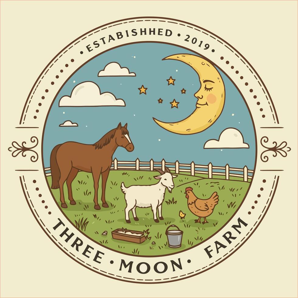 A charming farm logo depicts a horse, goat, and hen in a pasture under a whimsical crescent moon and stars. vector