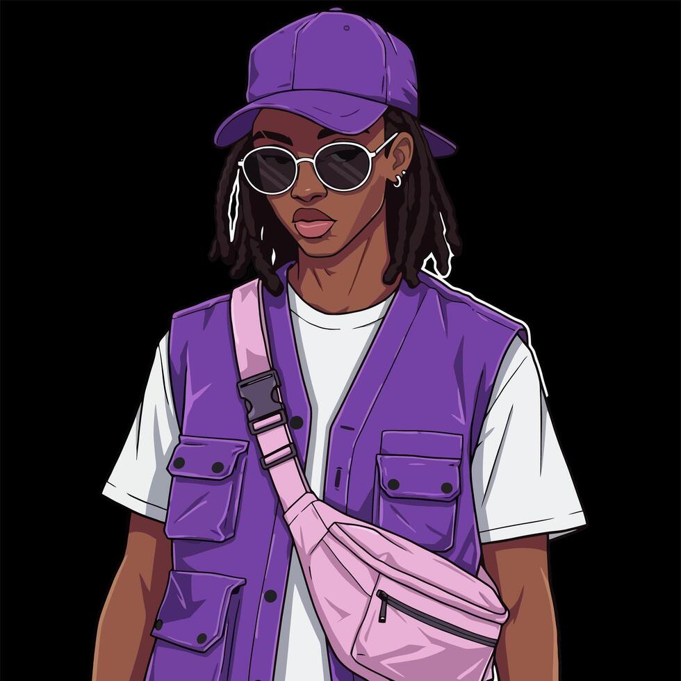 A stylish illustration depicts a young person wearing a purple vest, pink bag, sunglasses, and a purple cap. vector