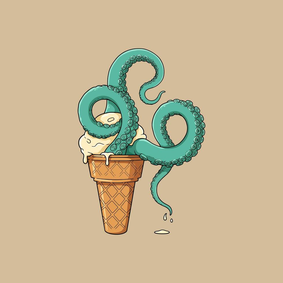 A whimsical illustration depicts an octopus tentacle playfully embracing a melting ice cream cone, creating a surreal and humorous scene. vector