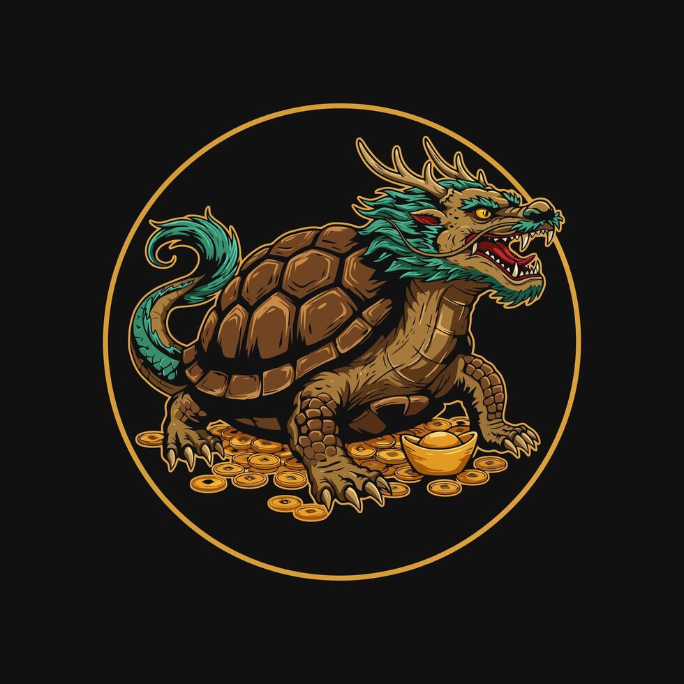 A fierce dragon-turtle hybrid sits amidst a pile of gold coins symbolizing wealth and good fortune. vector