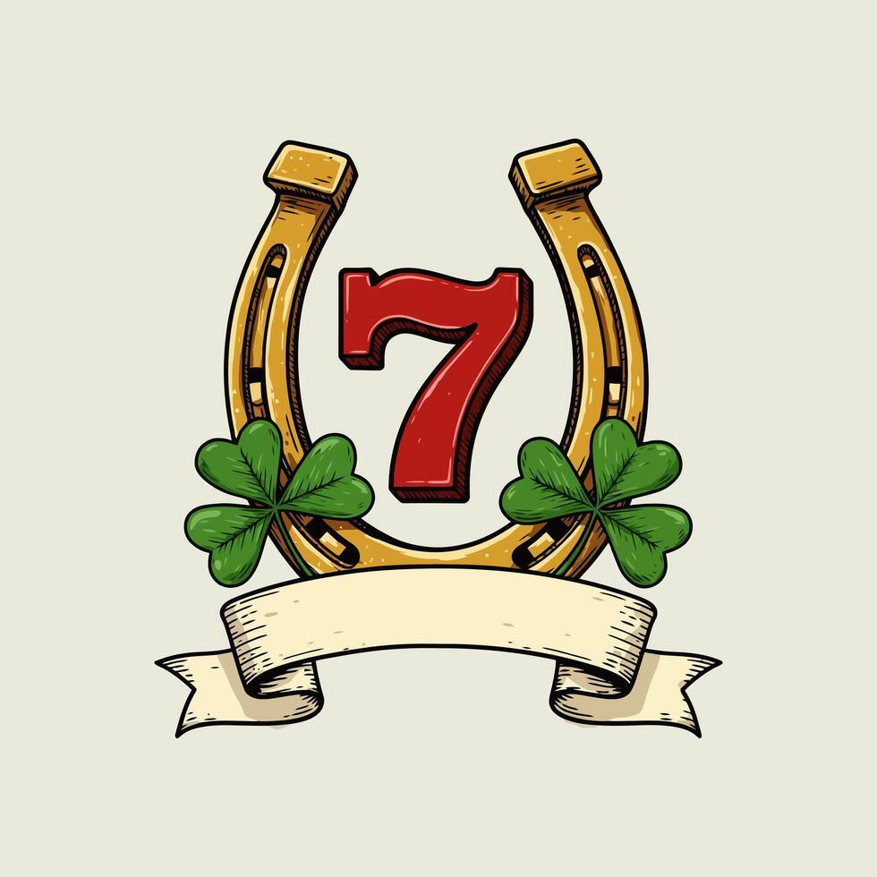 A gold horseshoe with a red seven and clovers, features a blank banner below. vector