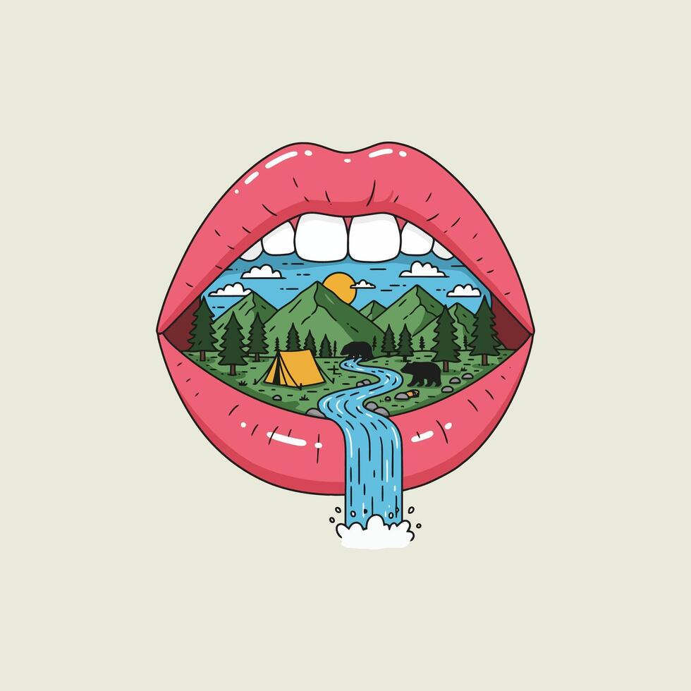 A stylized illustration depicts a mouth containing a picturesque camping scene with mountains, a river, and bears. vector