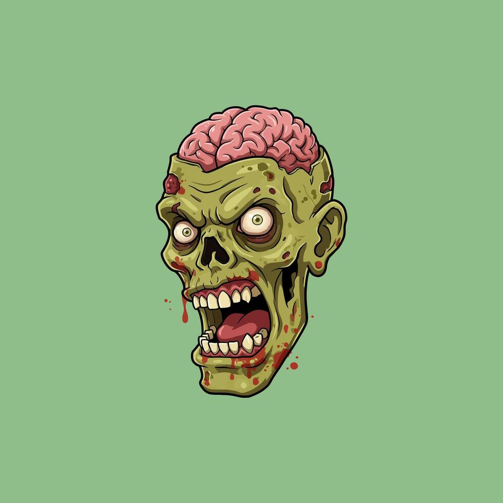 The image shows a cartoon illustration of a decaying zombie head with its brain exposed and blood splatters. vector