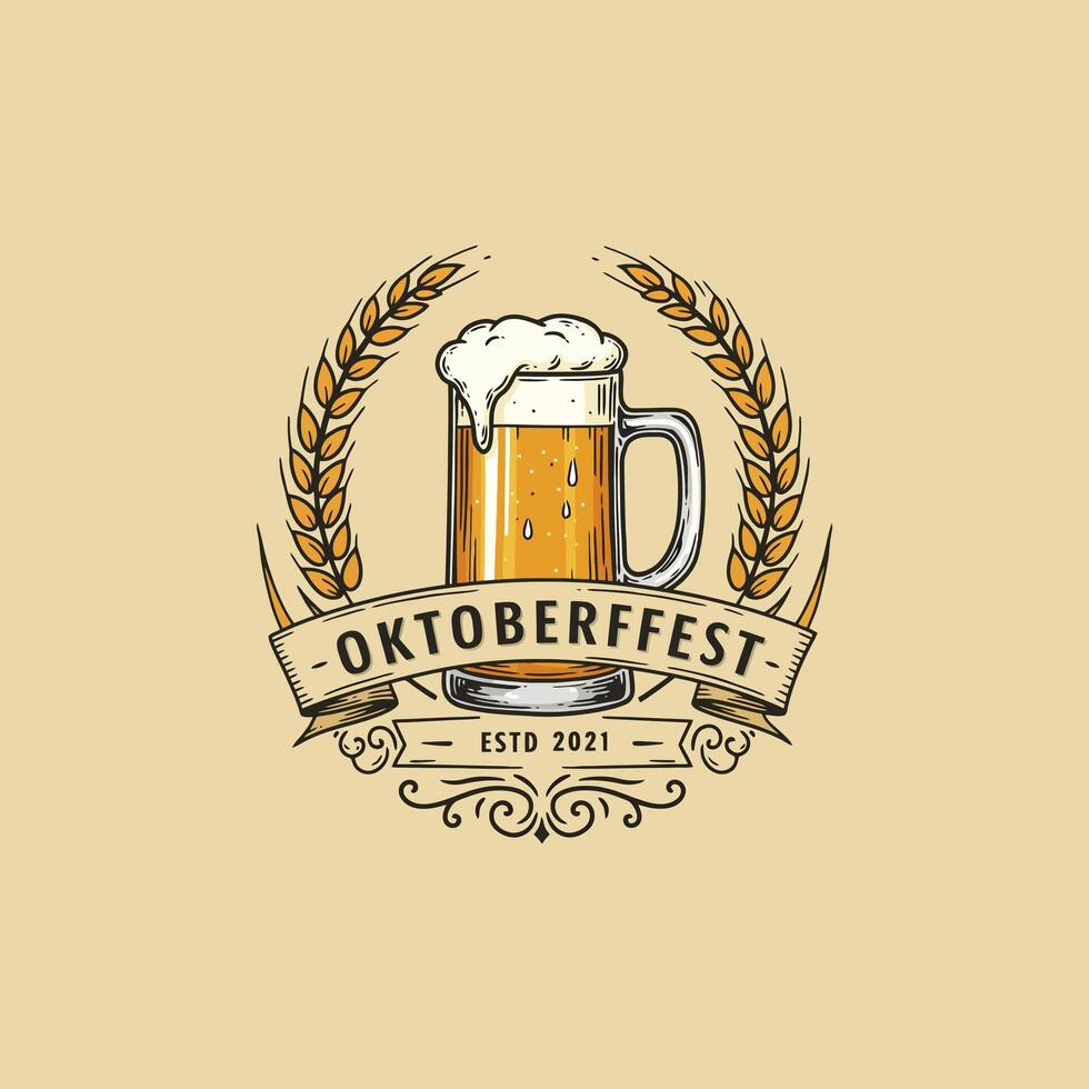 A vintage style Oktoberfest logo featuring a beer mug encircled by wheat stalks and a banner. vector